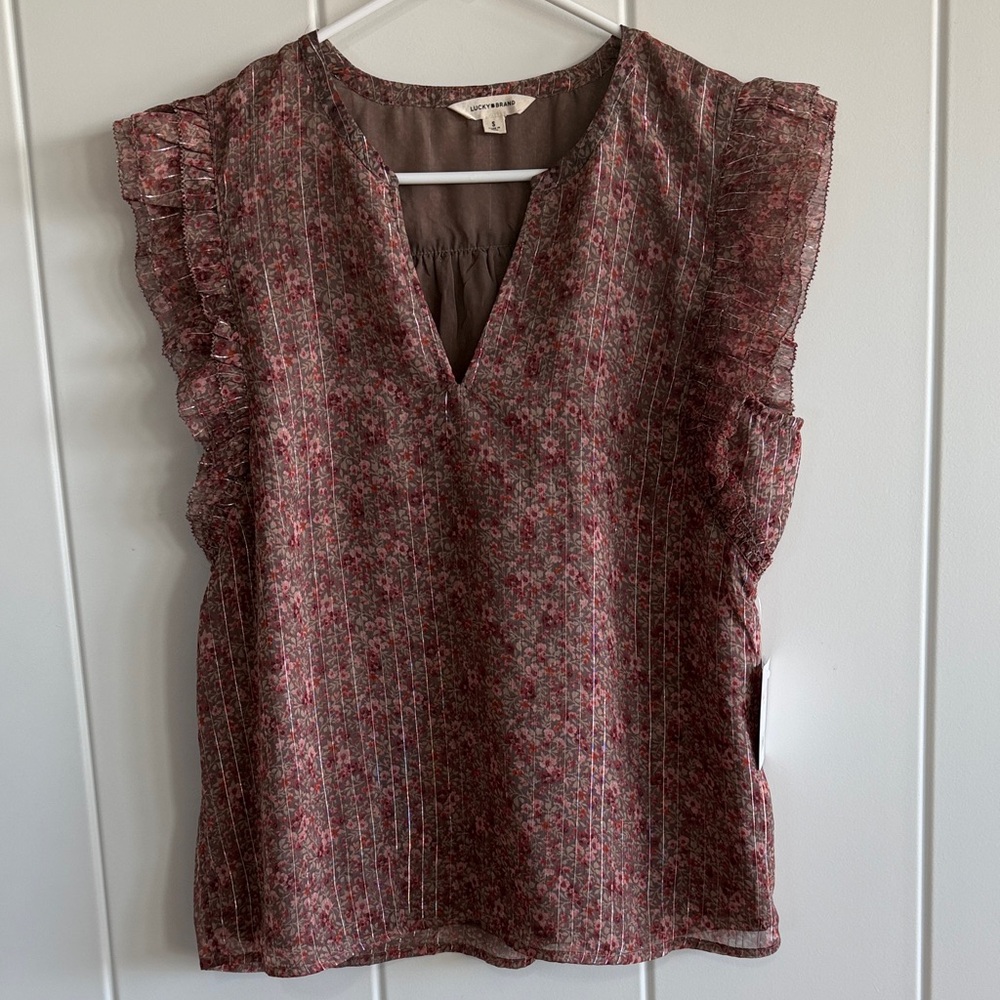 Lucky Brand NWT Floral Ruffle Sleeve V-Neck Top - Brown and Pink